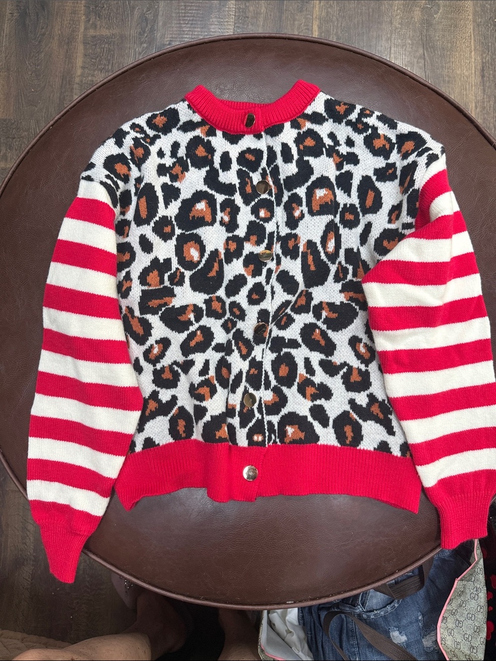 Leopard Print Button-Back Cardigan with Red & Cream Striped Sleeves